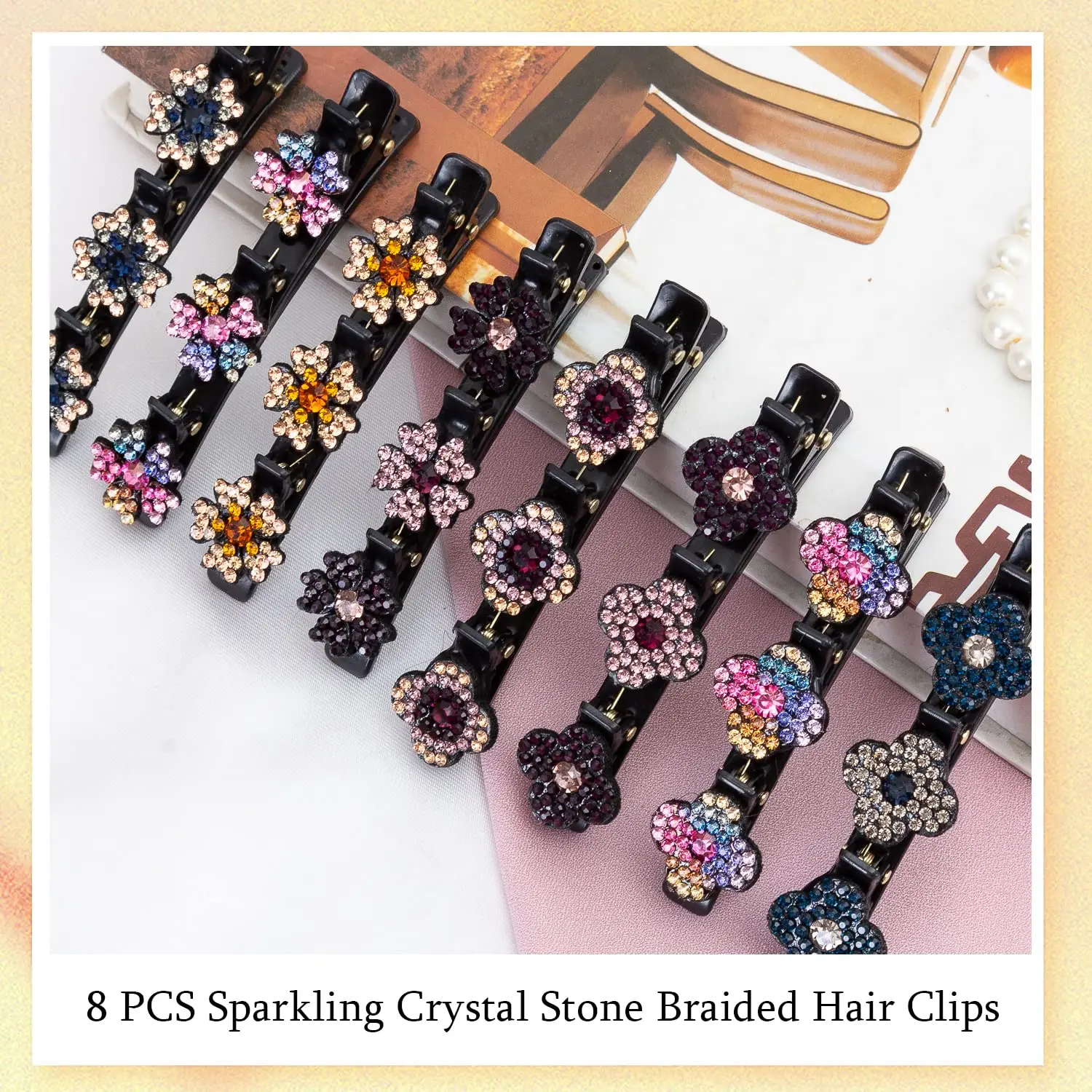 8pcs Sparkling Crystal Stone Braided Hair Clips for Thick Thin Hair, Girls / Women Hair Accessories for Styling Sectioning