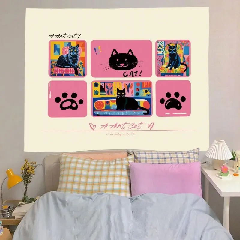 VIKAMA Cute Cartoon Cat Star Wall Tapestry Pink Collage Kawaii Aesthetic Wall Hanging Backdrop for Teen Girls Bedroom Dorm Decor