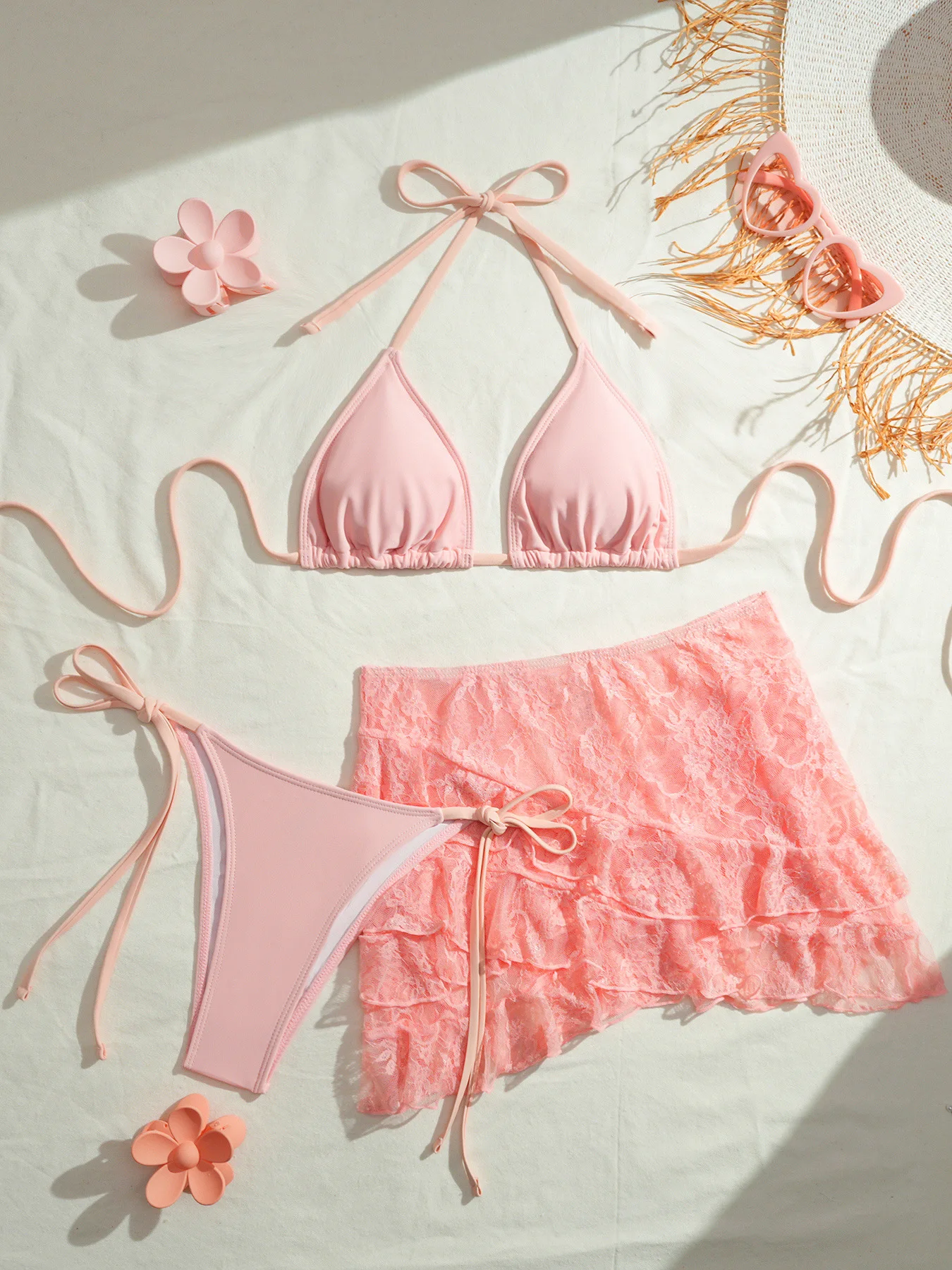 

Sexy Ruffles Mesh Skirt 3 Piece Bikini Set Women Black Red Pink Push Up Tie Side Thong Swimsuit 2026 Beach Bathing Suit Swimwear