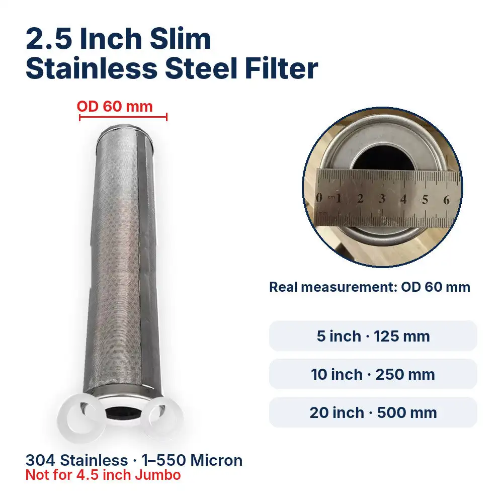 2.5 Inch Stainless Steel Filter Cartridge 5 10 20 Inch 304 Washable Reusable Sediment Mesh Water Prefilter 1-550 Micron