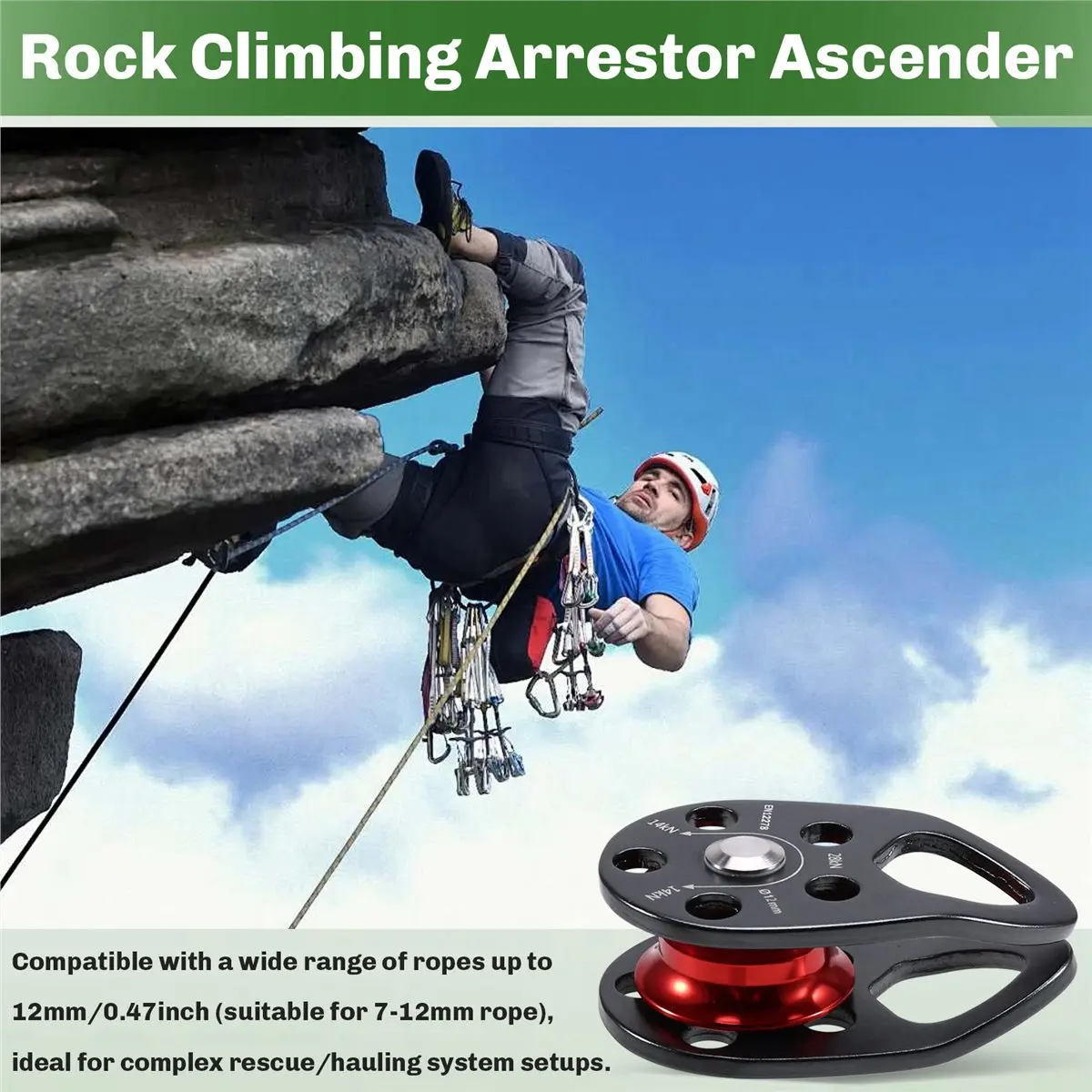 ABST Micro Mobile Pulley 28KN Mobile Single Pulley Cheek Shaped for Max Rope 12mm Rope for Climbing, Rescue Lifting RED