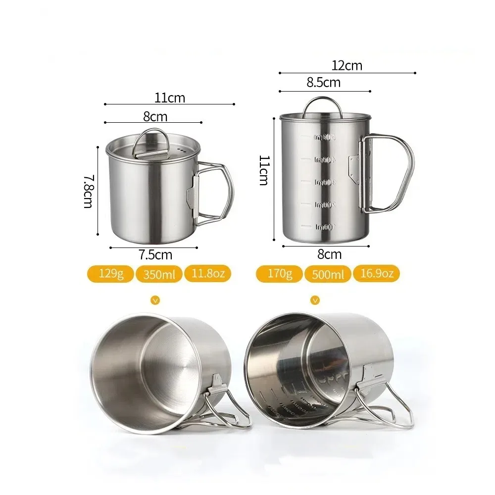 جديد كوب تخييم من الفولاذ المقاوم للصدأ مع غطاء 350/500 مللي كوب قهوة للتخييم مقبض قابل للطي كوب ماء للمشي لمسافات طويلة والسفر