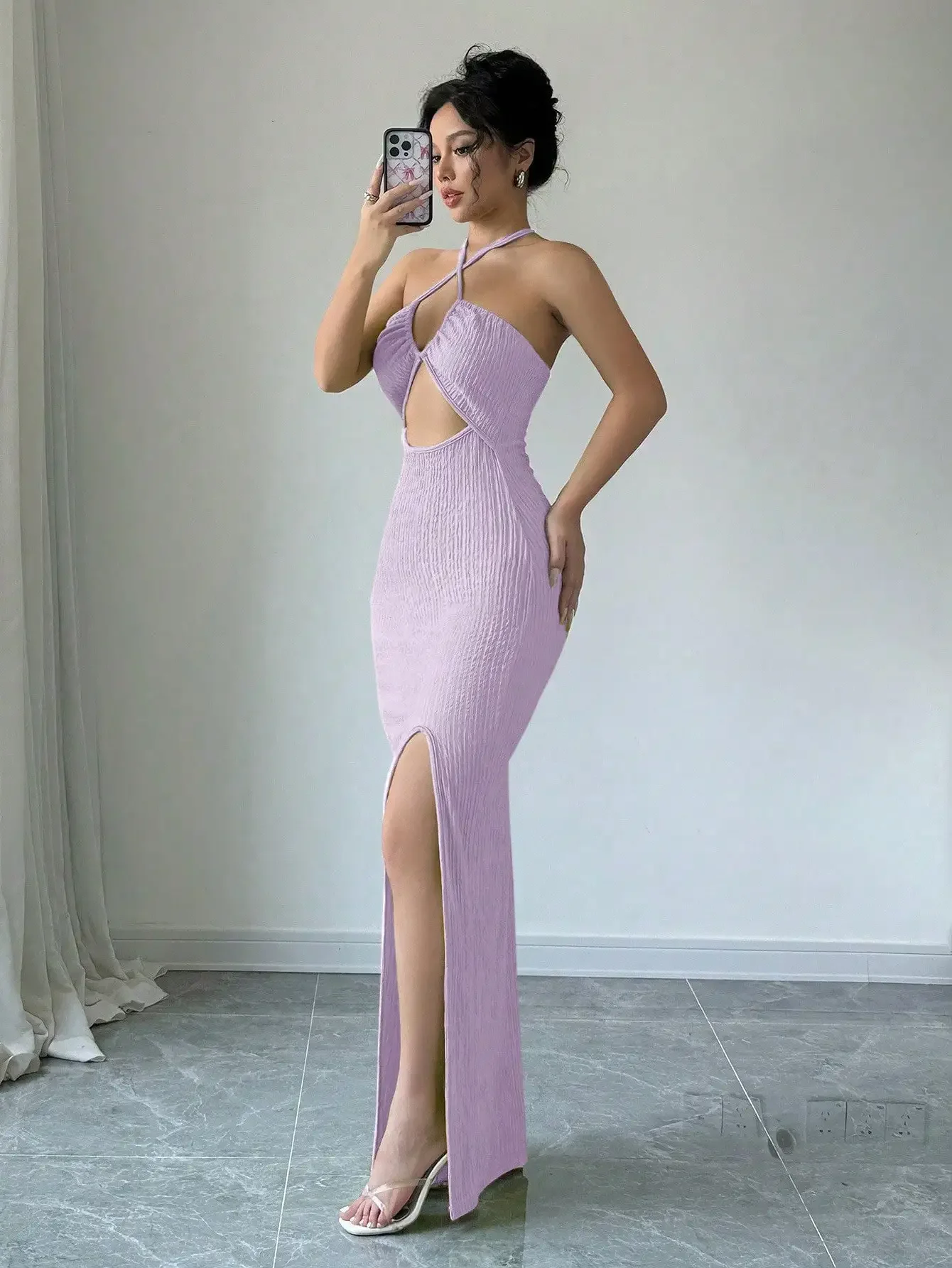 Bonito vestido ajustado con escote Halter y abertura larga para ropa de Año Nuevo, traje Maxi para mujer