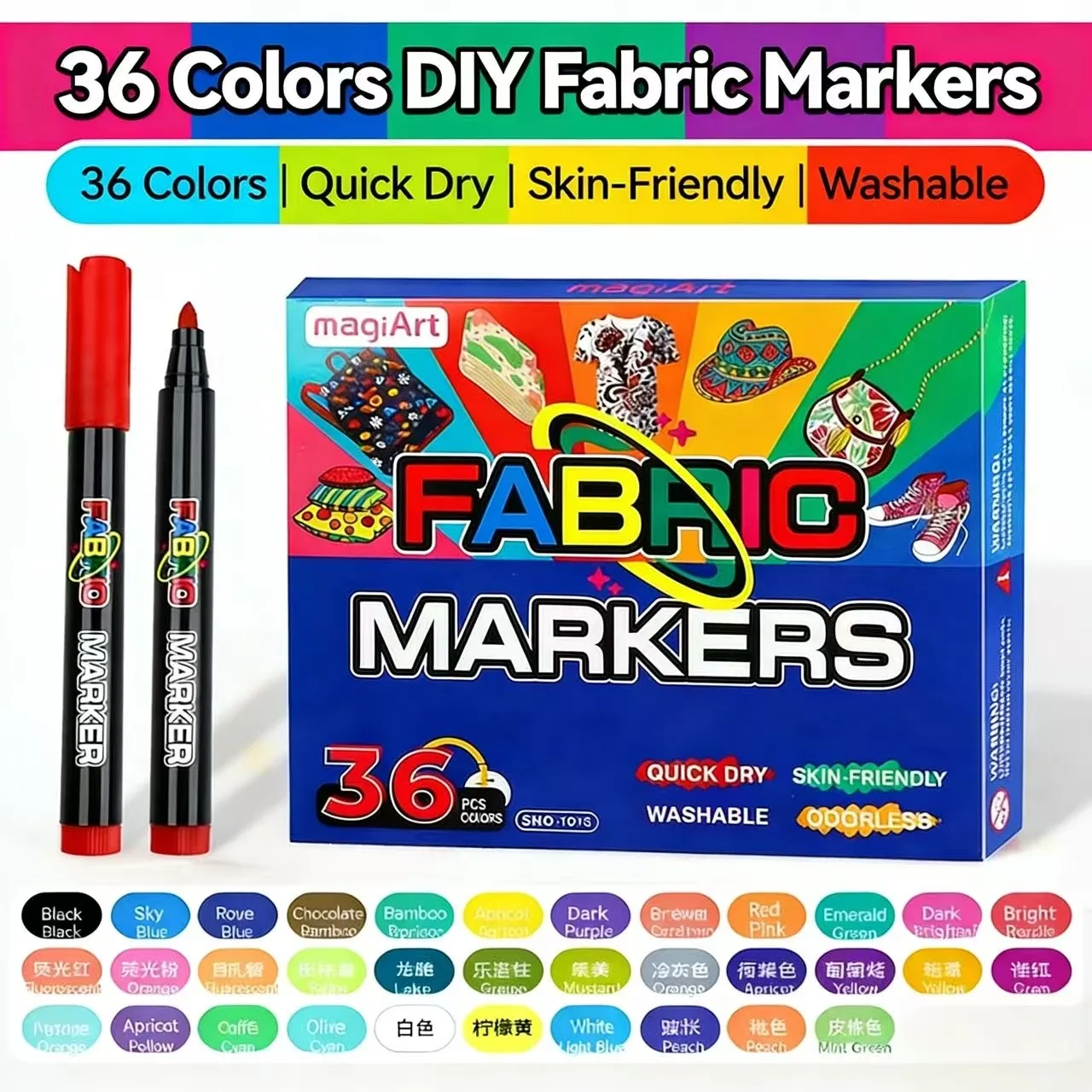 12/36 Colors Fabric Markers for Clothing, Permanent Textile Paint Pens,Washable,Fabric Paint Markers for T-Shirts, DIY Crafts