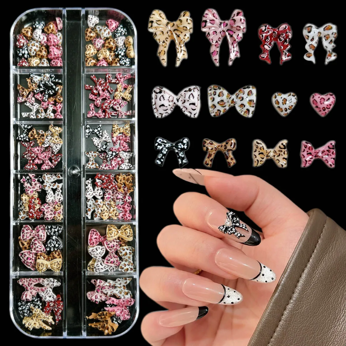 1 scatola di novità creativa stampa leopardo fiocco resina pendenti per unghie 3D di vendita calda dolce maculato cravatta cuore decorazioni per unghie unghie fai da te