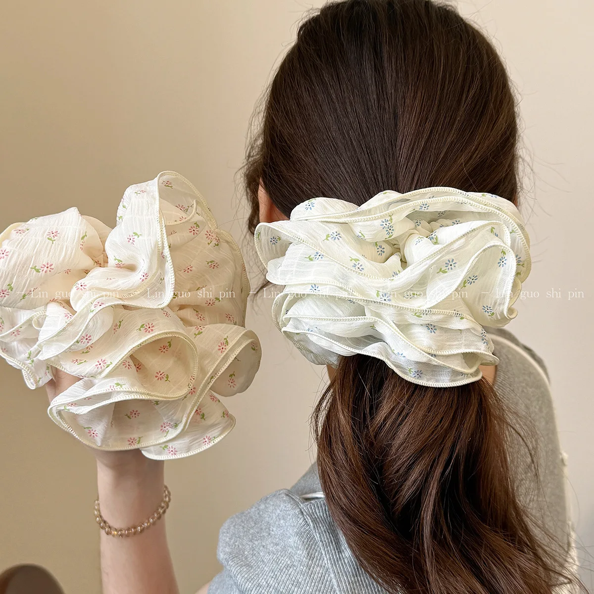 Sweet Forest Floral Large Scrunchies Korean Chic High Elastic Hair Ties for Women Bun Ponytail Holder Premium Daily
