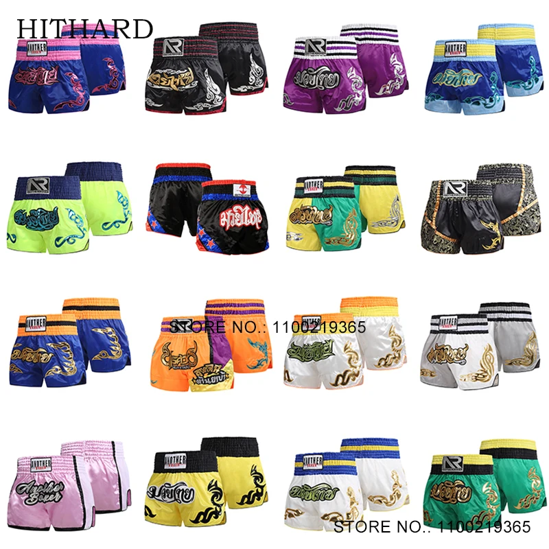 

Short Muay Thai Men Women Kids Boxing Shorts Satin Embroidery Martial Arts MMA Training Clothing Cage Fighting Kickboxing Pants