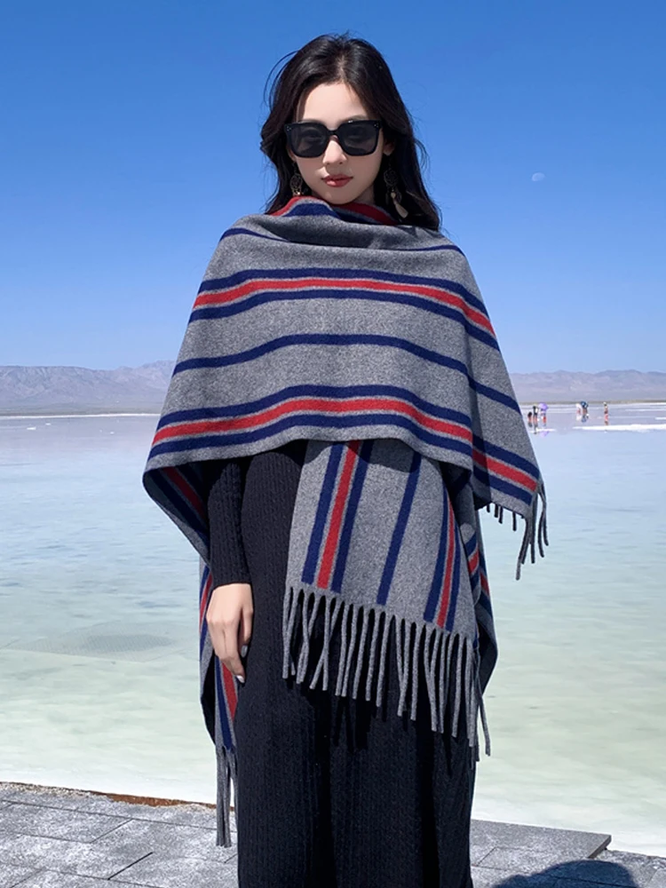 

Зимний женский шарф, многослойное пончо, женский ретро-серый полосатый платок с кисточками, теплый шарф, Capa Para Mujer, мужской плащ из пашмины, новый