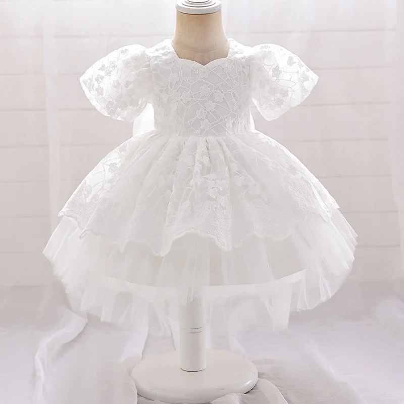 Girls' New Bow Princess Dress Baby Bubble Sleeve Fluffy Dress One Year Banquet Flower Girls' Performance Dress