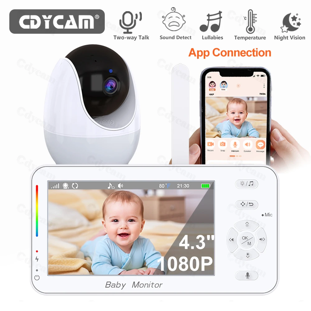 Baby Monitor APP Remote View Wifi Nanny 4.3 inch HD Display Night Light VOX Night Vision Lullabies 2-way Audio 1080P Baby Camera