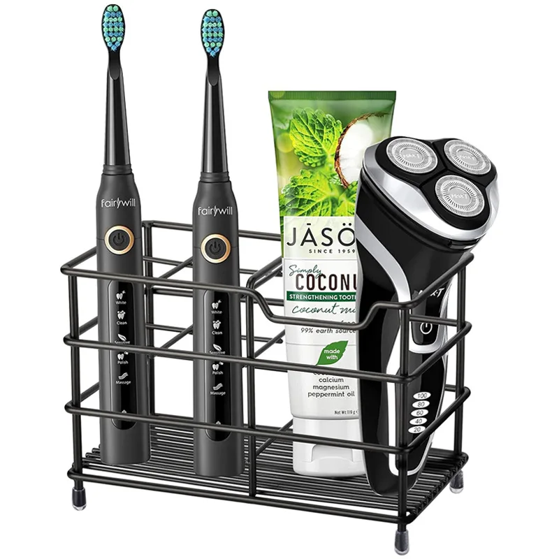 No-Install 4-Grid Bathroom Storage Rack, Drainable Multi-Hole Toothbrush Toothpaste & Rinse Cup Desktop Holder