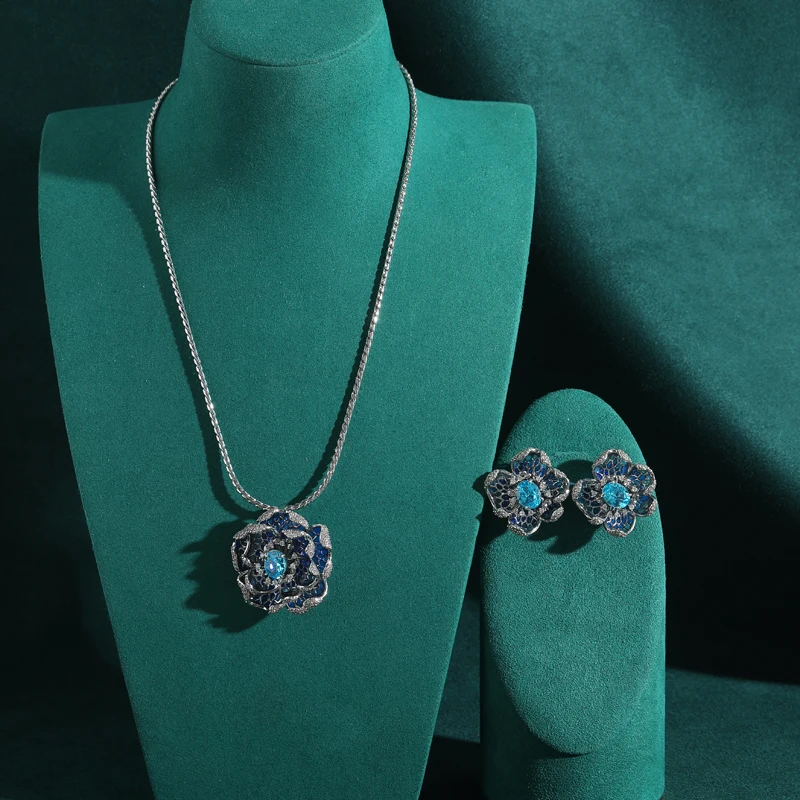 

Vintage Red Blue Zircon Flower Jewelry Sets Luxury Pendant Earring And Necklace Princess Crystal Rhinestone Women 2026 New