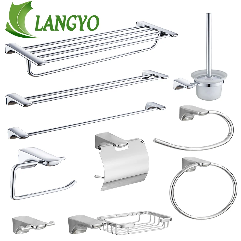 LANGYO Chrome Bathroom Accessories Hardware Set Wall Mount Towel Rack Hook Toilet Brush Pole Paper Roll Holder Sets