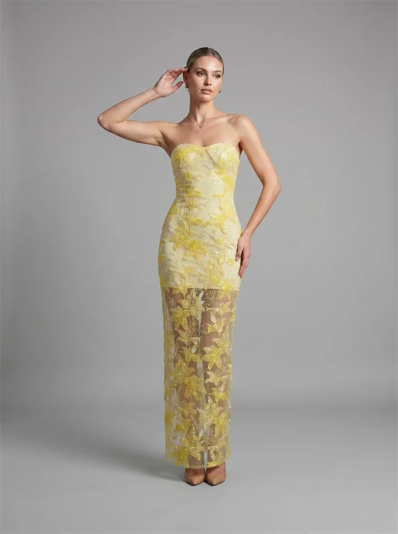 

Yellow Embroidery Prom Dress Sexy Strapless Sleeveless Sheer Long Sheath Party Gown Formal Bridal Wedding Guest Birthday Robe