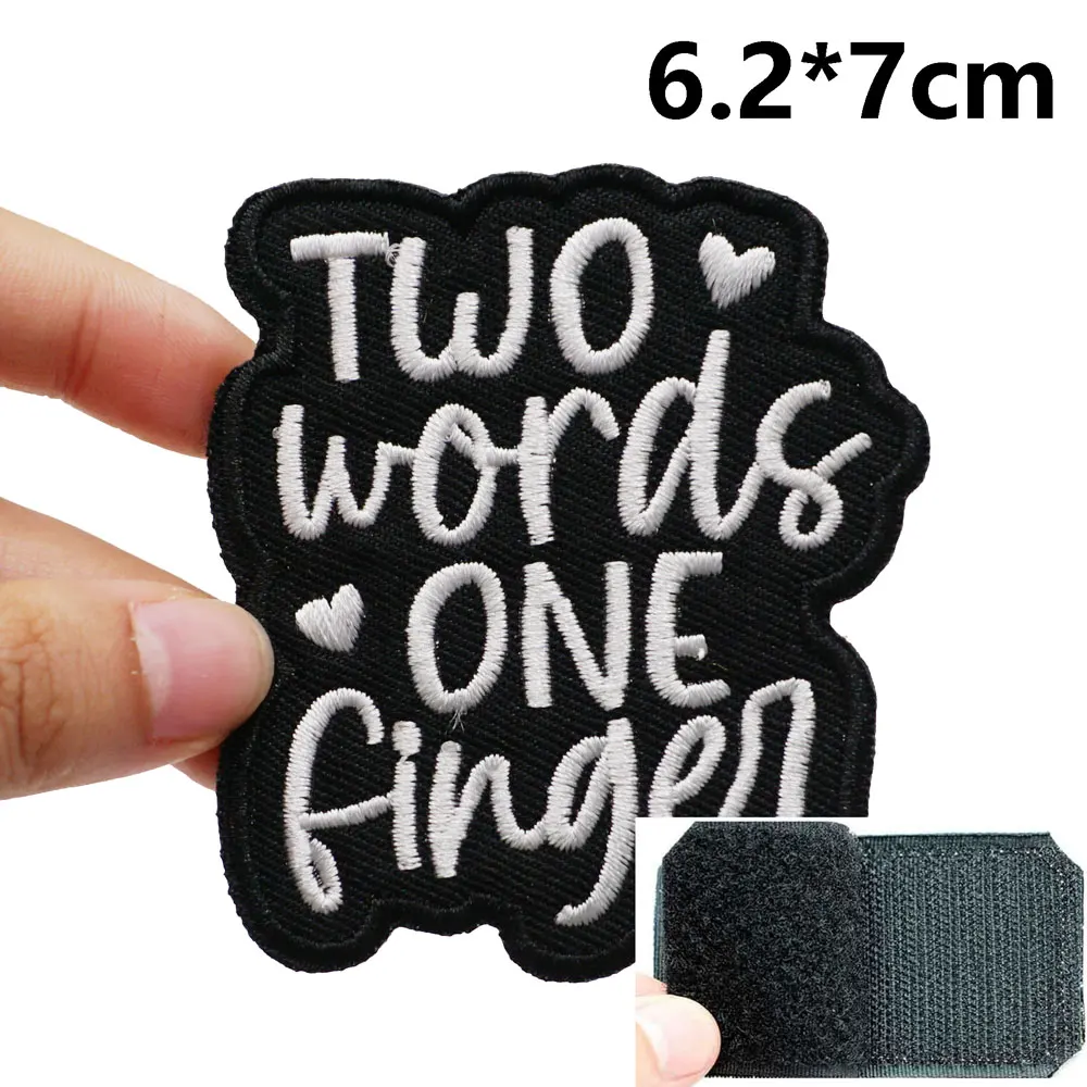 TWO WORDS ONE FINGER Embroidered Patches Applique Sewing Label punk biker Band Rock Clothes Badges with hook backing or sew on