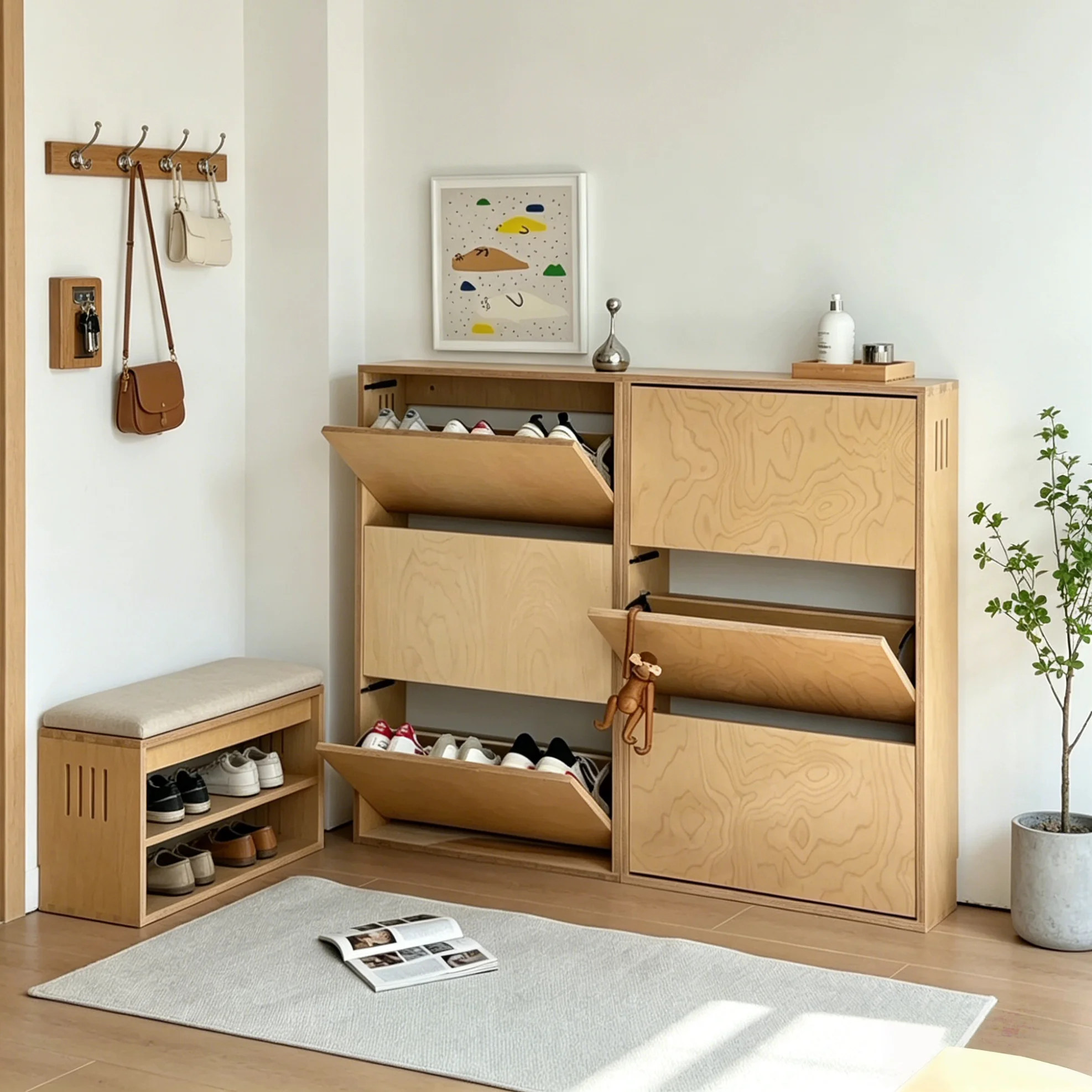 Simple log wind into the house, open the door, solid wood shoe cabinet, small apartment door flip cover shoe rack,