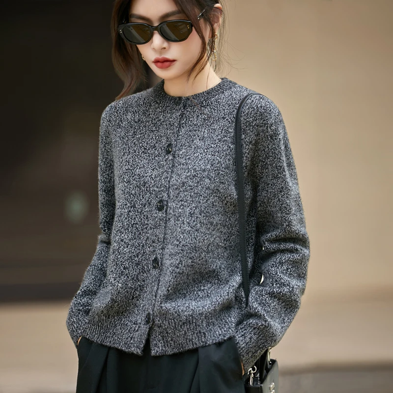 Массивный женский кардиган из 100% чистой шерсти |   Толстый зимний трикотаж с эффектом меланж и круглым вырезом