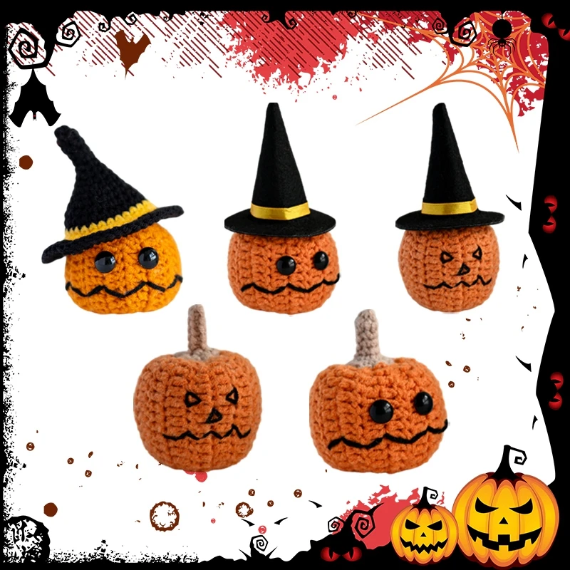 Hand-woven Halloween Pumpkin Doll Crochet Pumpkin Car Interior Knitted Halloween Gifts Home Desktop Ornaments Toy House Decor