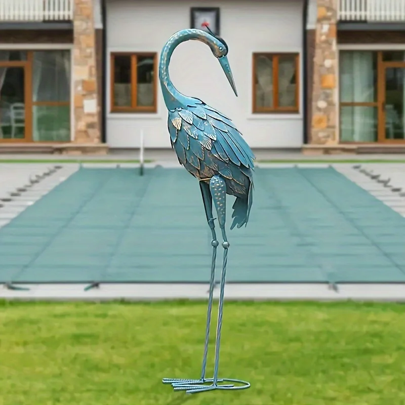 Standing Garden Crane Statue For Outdoor, Metal Bird Garden Sculpture, Art For Backyard Patio Lawn Yard Decoration, Cyan