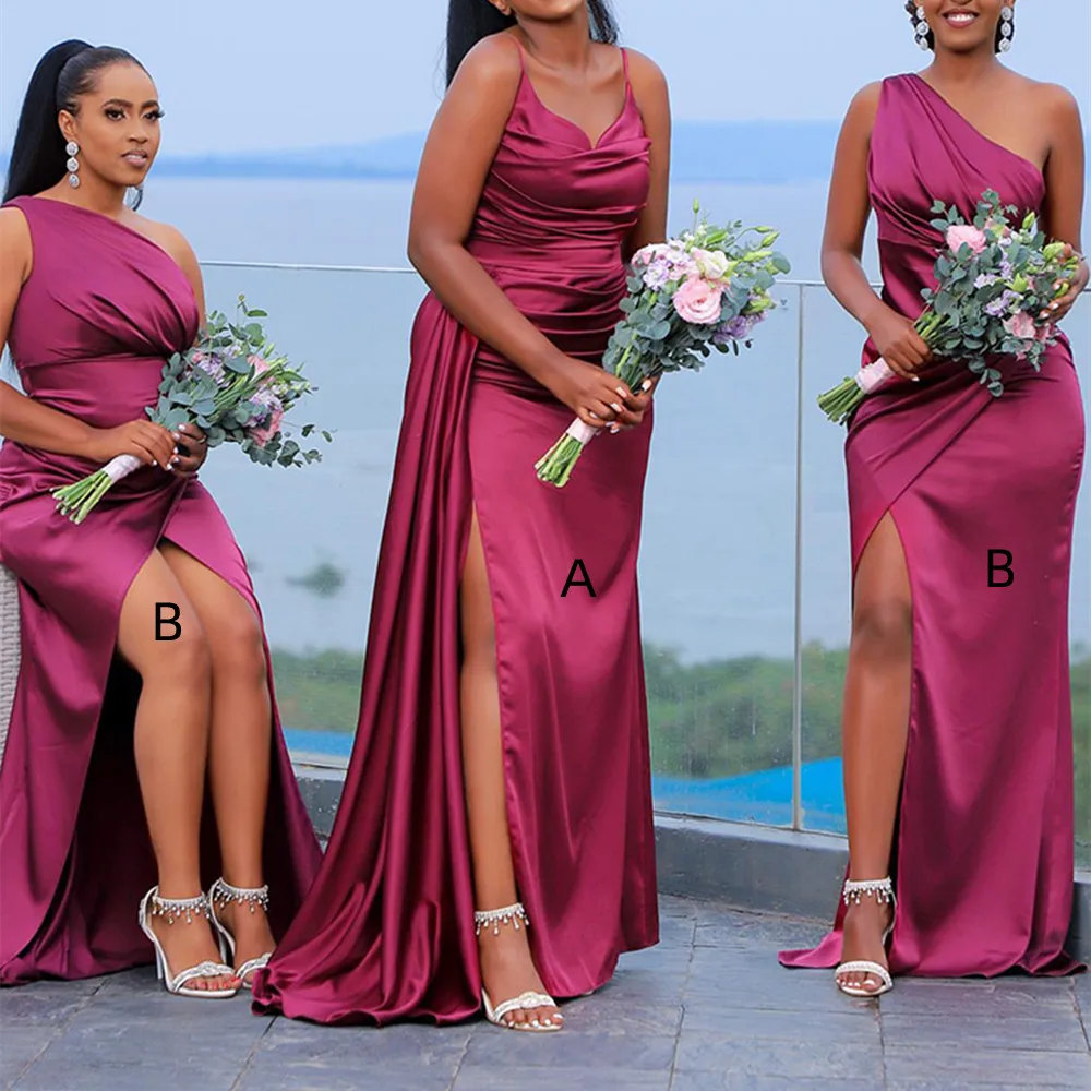 

Long Mermaid Fuchsia Bridesmaid Dresses with Slit African Girl Wedding Party Evening Dress Robes De Soiree Mariage Custom