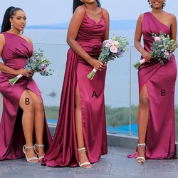 Long Mermaid Fuchsia Bridesmaid Dresses with Slit African Girl Wedding Party Evening Dress Robes De Soiree Mariage Custom