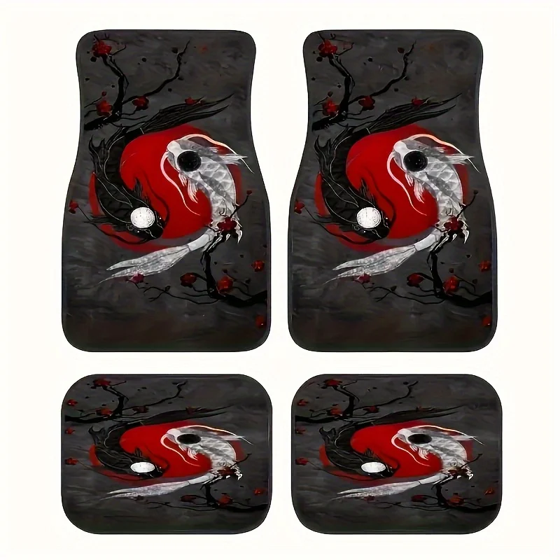 

4pcs Black And White Carp Pattern Car Floor Mats, Comfortable Crystal Velvet Vehicles Floor Mats, Front& Rear Full Coverage Auto