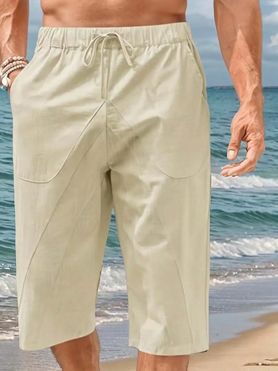 

Mens Linen Beach Shorts Casual Loose Cropped Pants Elastic Waist Drawstring With Pockets