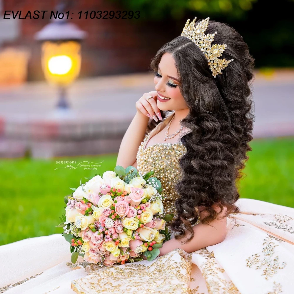 EVLAST Personalizado Brilhante Champanhe Quinceanera Vestido de Baile Ouro Lace Applique Beading Doce 16 Vestidos De 15 Anos E1QN596