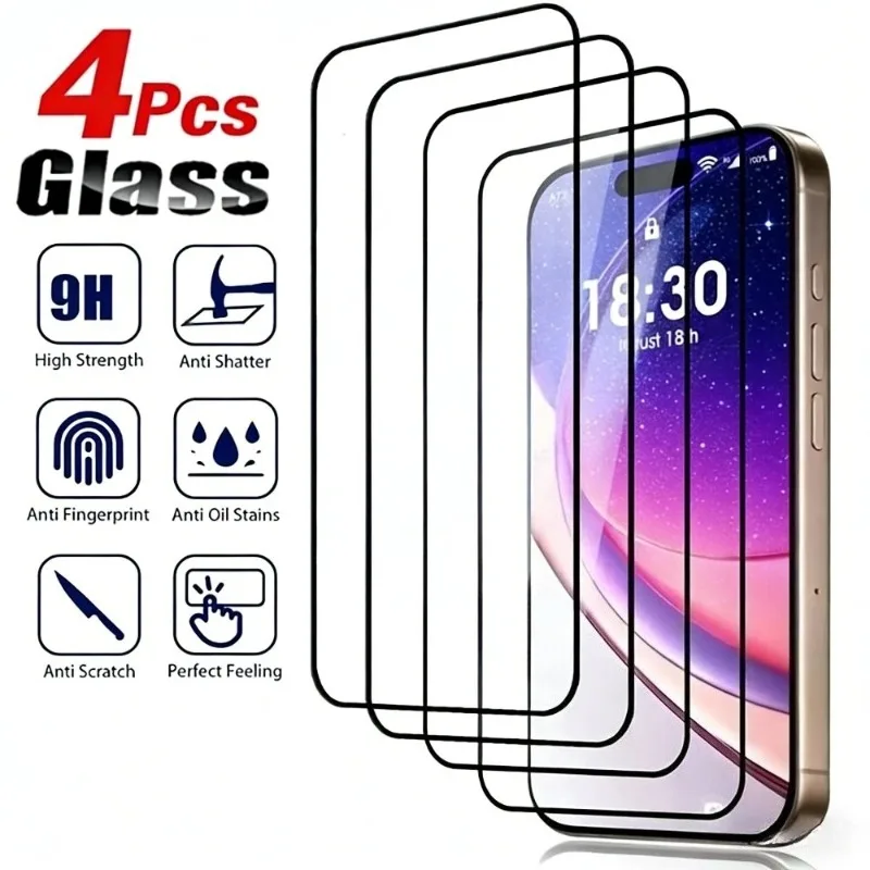 4er-Set Vollflächiger Displayschutz aus gehärtetem Glas für iPhone 17 16 15 14 Pro Max Air 16 15 Plus, auch für iPhone 13 12 11 Pro Mini XS XR