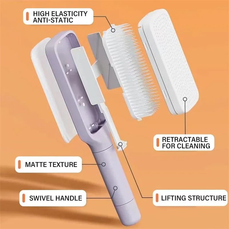 2pcs Rotatable Self Cleaning Hair Brush Anti-Static Hair Brush One-key Cleaning Hair Loss Airbag Scalp Massage Comb Styling Tool
