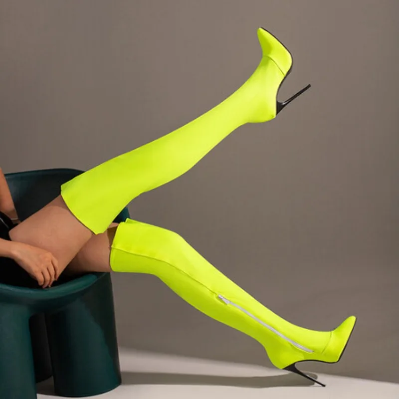 Pointed Toe Stiletto Heel Tight Stretch Lycra Material Sexy Women's Over The Knee Boots Plus Size Zip Plush Inner Stocking Boots