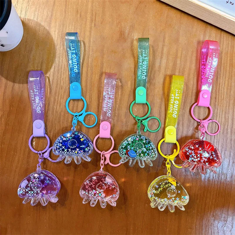 Kawaii Jellyfish Bottle Liquid Keychain Floating Quicksand Sequined Colorful Animal Keyring Unisex Backpack Phone Charm Keyfob