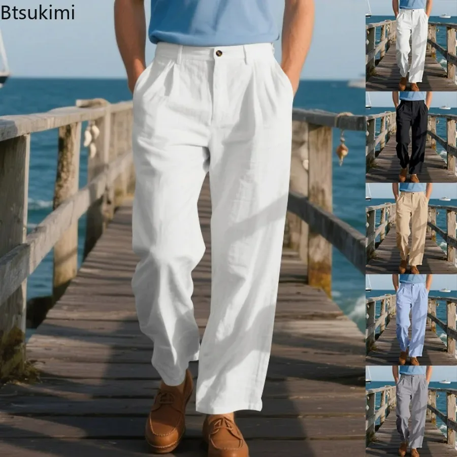 Men's Casual Cotton Line Loose Business Office Suit Trousers Solid Spring Autumn Straight Club Party Long Pants Male Clothing