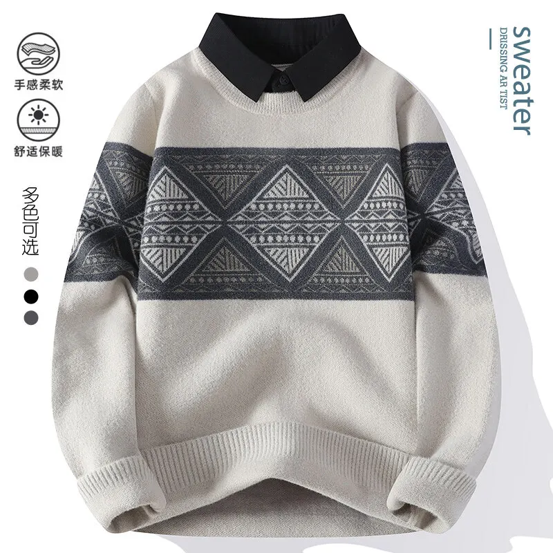 GIOIO men's sweater, color matching lapel fake two-piece casual sweater, ethnic style men's bottoming pullover