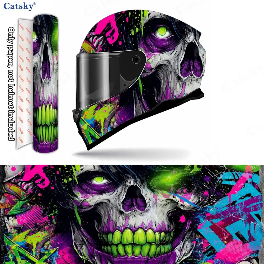Neon Splash Skull Helmet Vinyl Wraps, Waterproof Scratch-Resistant Full Face Helmet Decals, PVC Protection Helmet Stickers