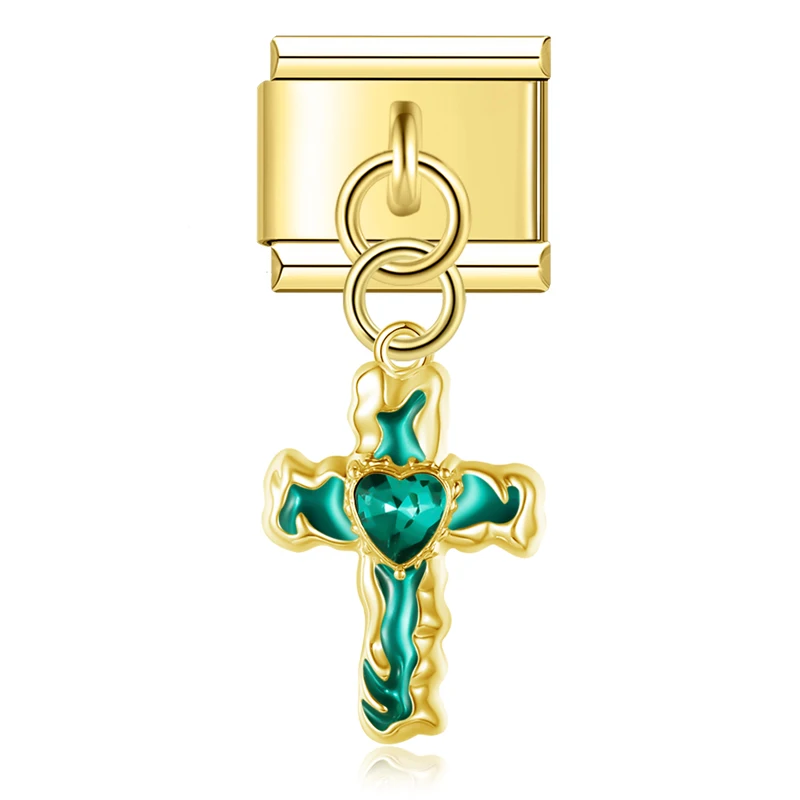 Hapiship 2025 New Wholesale Cross Shiny CZItalian Charm Fit 9mm Bracelet Stainless Steel Drop Shipping Women Jewelry DJ1451