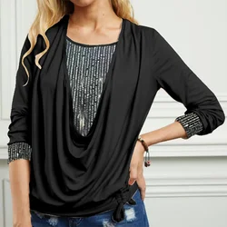 6 Solid Color Sequins Simple Long Sleeve Top Women's Elegant Temperament Street Autumn Blouse T-Shirt