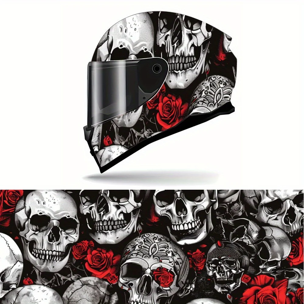 

Gothic Skulls and Red Rose PVC Motorcycle Helmet Vinyl Wrap, Self-Adhesive Waterproof Sticker, Anti-Scratch Decorative Film for
