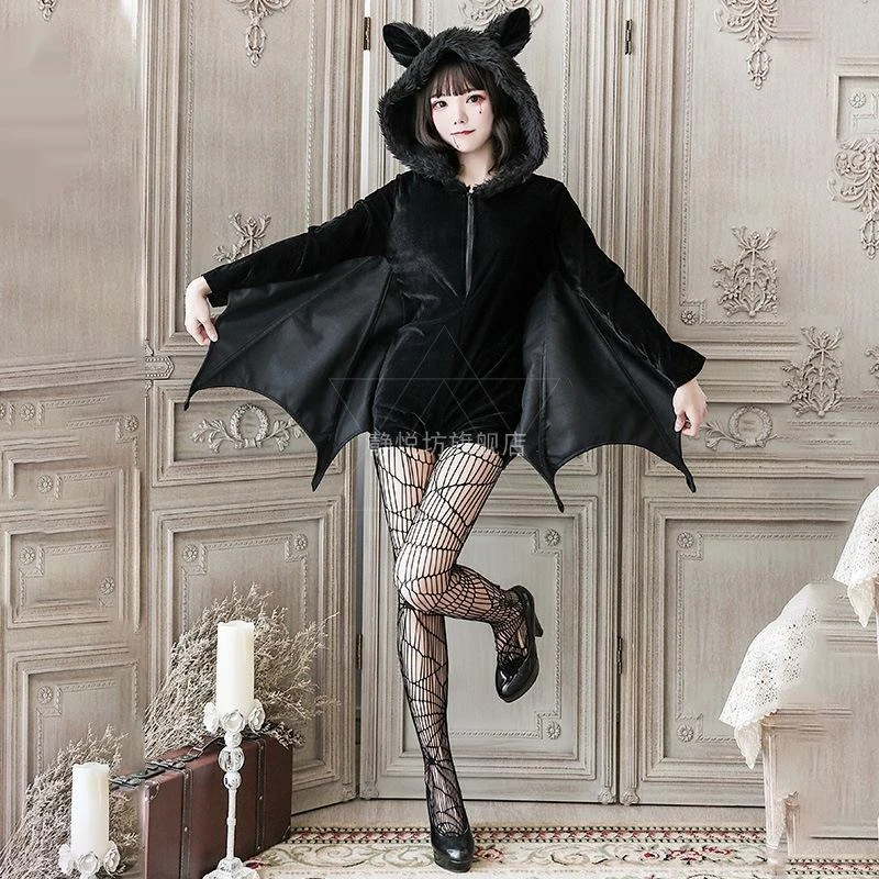 New Halloween Cosplay Vampire Bat Cosplay Costumes Black Evil Horror Hooded Vampire Bat Sleeve Hoodie Masquerade Woman Christmas