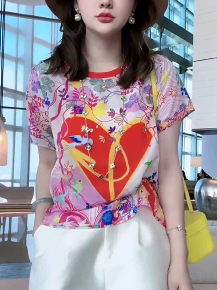 Fashion summer new Cupid love flowers printed T-shirt with round neck and short sleeves elegant and versatile loose blouse