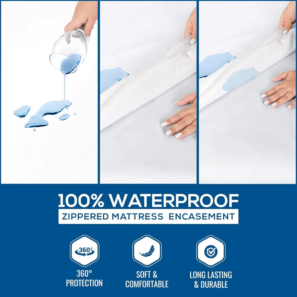 Zippered Mattress Encasement Queen, 100% Waterproof Bed Bug and Dust Mite Proof Mattress Protector, Absorbent Six-Sided Mattres