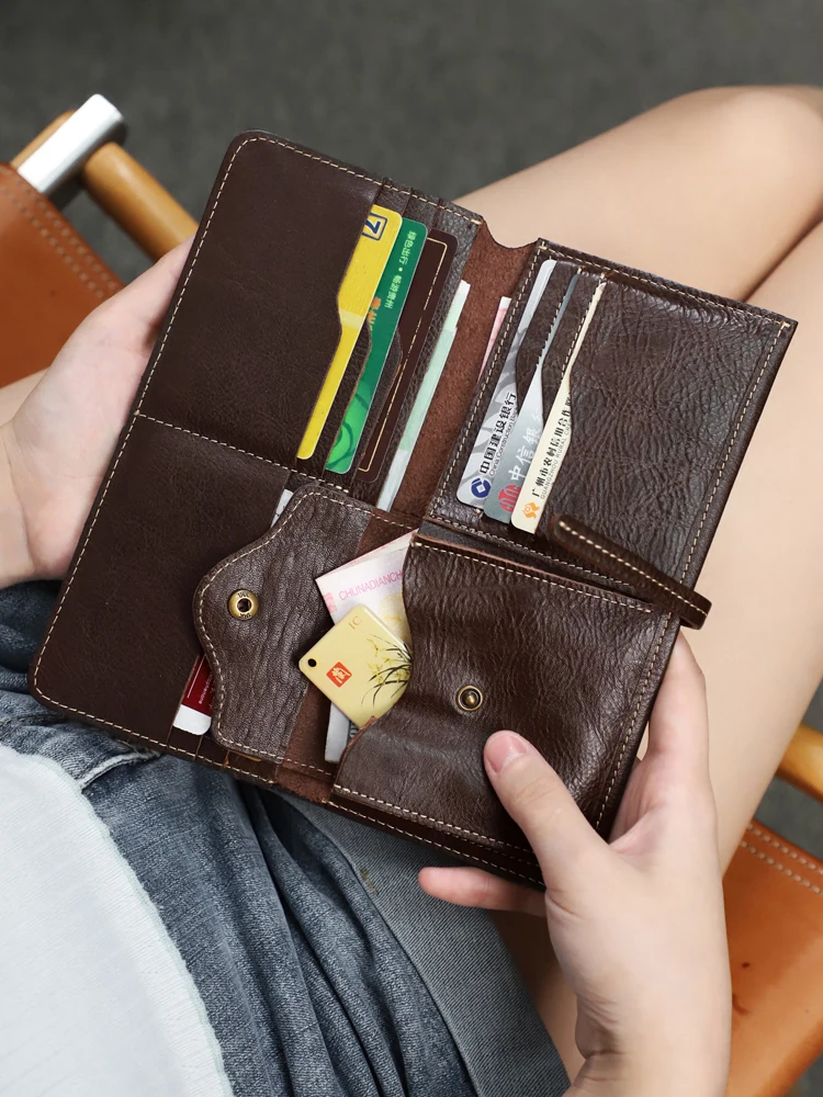 

Genuine Leather Long Wallet First Layer Real Cowhide Clutch Walet Women's Casual Hand-polished Old Retro Handbag