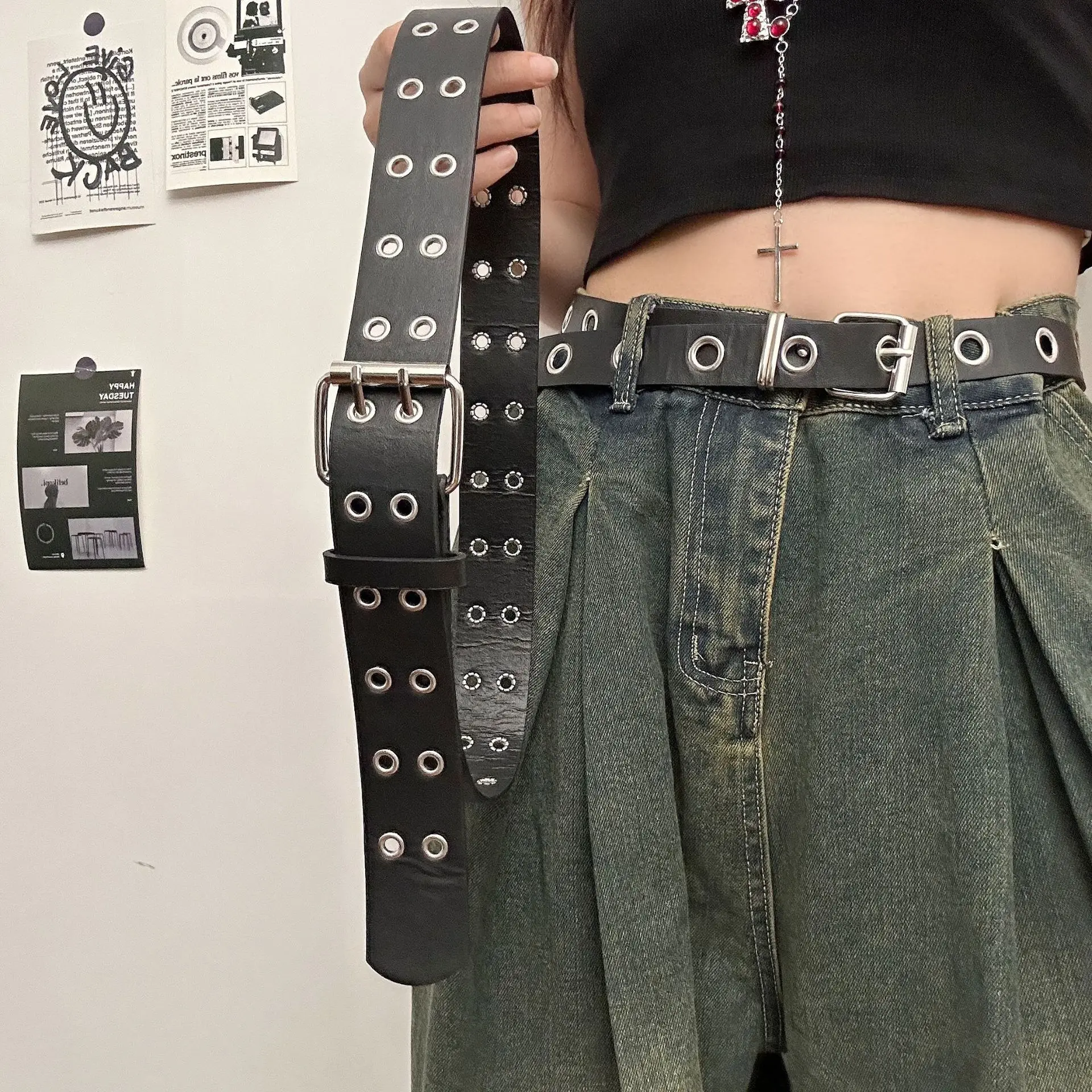 

‌ Ремень унисекс в стиле панк — двухрядный пояс в стиле хип-хоп с отверстиями, регулируемый ремень в уличном стиле для мужчин и женщин