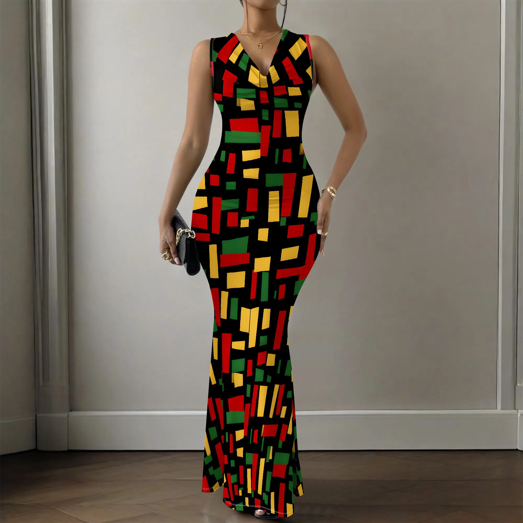 Geometric Print Cowl Neck Mermaid Dress, Abstract Art Pattern Maxi Gown, Rasta Color Block Party Wear for Women XS-2XL