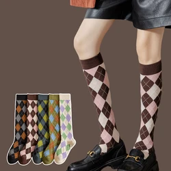 New Stockings Women's Calf Socks Spring And Autumn British Style Retro Diamond Lattice All-Match Sports Cotton Knee High Socks