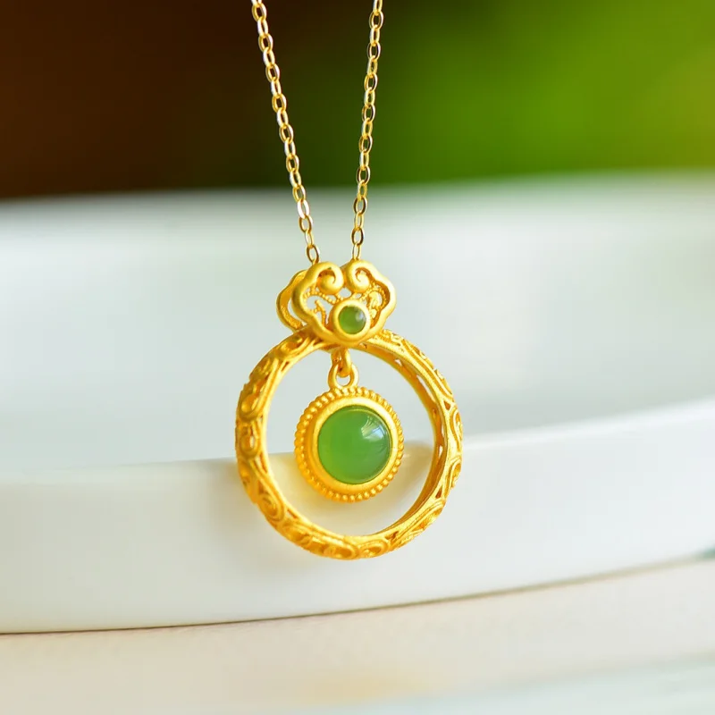 

Этнический ретро-кулон из нефрита с сертификатом для женщин, позолоченное серебро 925 пробы, ажурный дизайн «Руи», инкрустация нефритом Хэтянь и яшмой