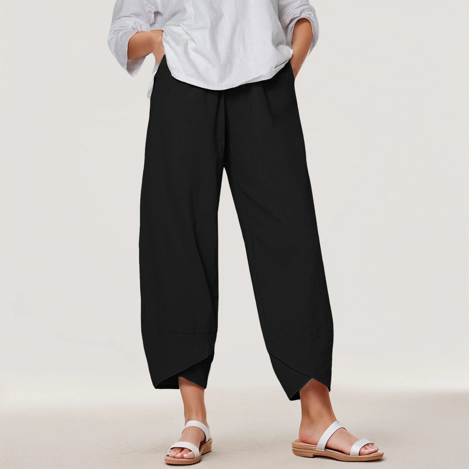 

Women's Imitation Cotton And Linen Casual Pants Solid Color High Waist Loose Fashion Straight Leg Trousers With Pockets