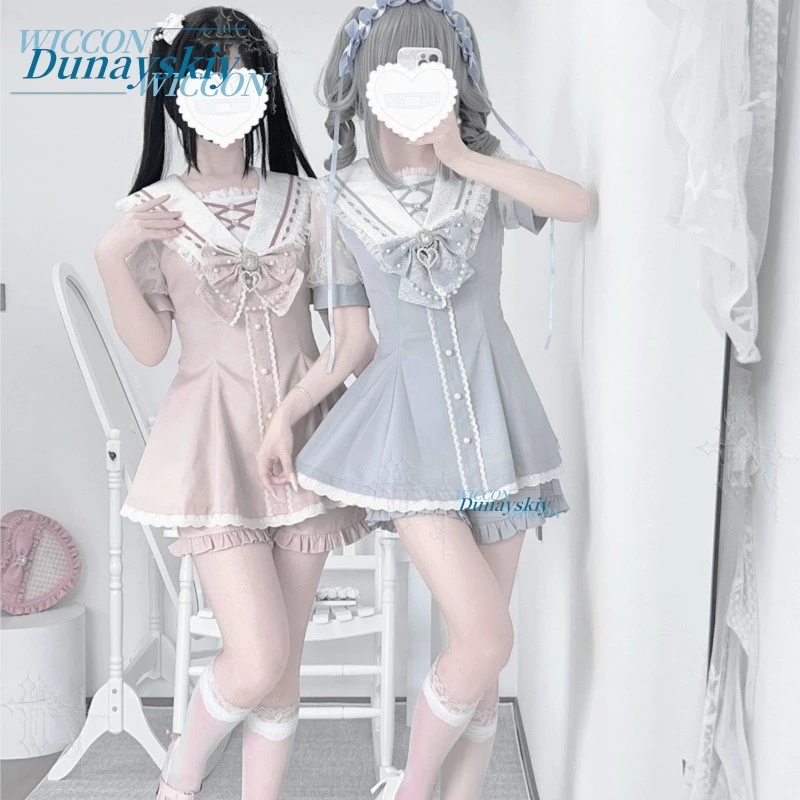 Sailor Collar Dress Set Lace Bow Short Sleeve Jirai Kei Original Japanese Sweet Lolita Mini Skirt Suit Summer Daily Cute Color view 4