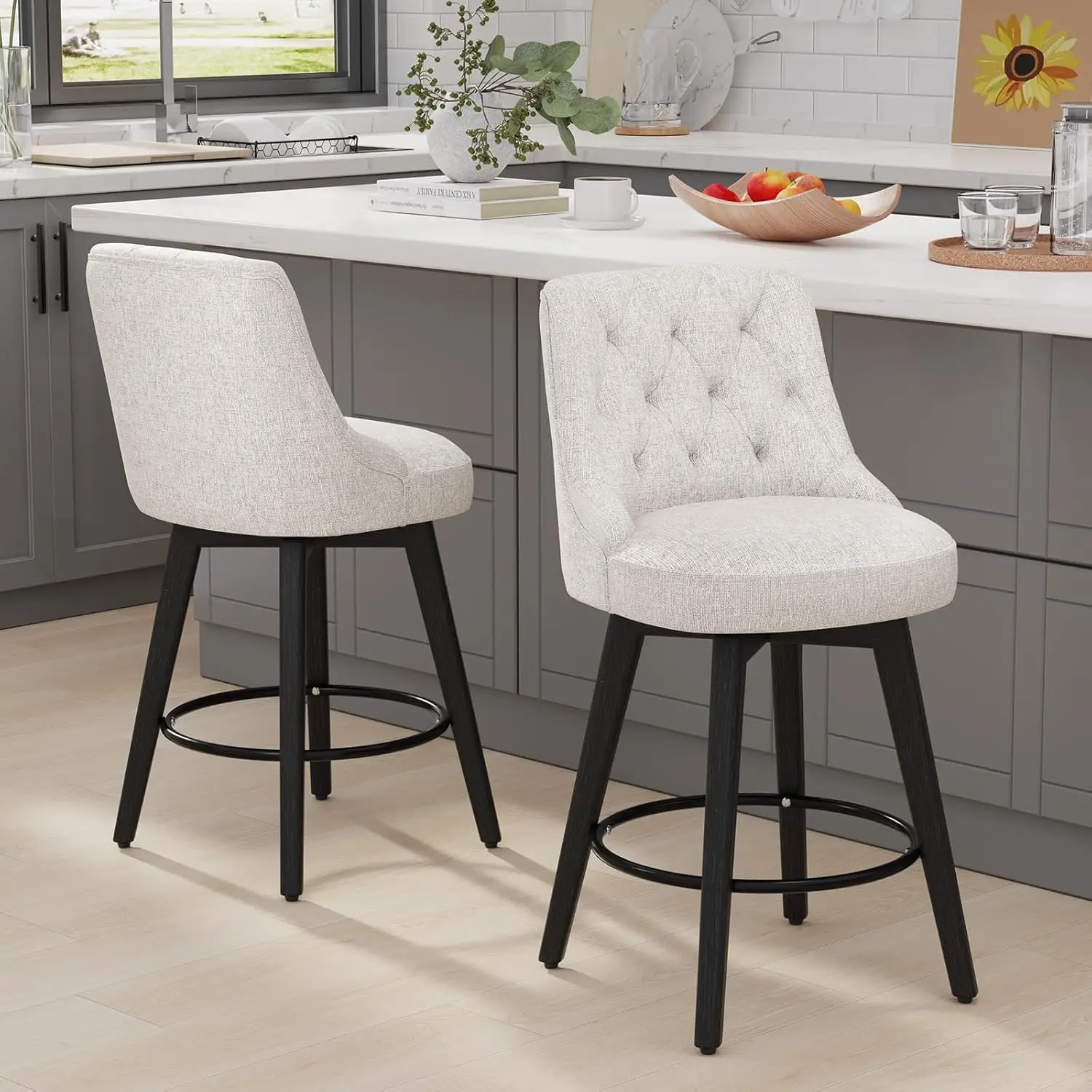 Modern 26 Inch Bar Stools Set Of 2, Swivel Height Counter Stools With High Back, Dark Beige Upholstered Barstool, Bar Chair
