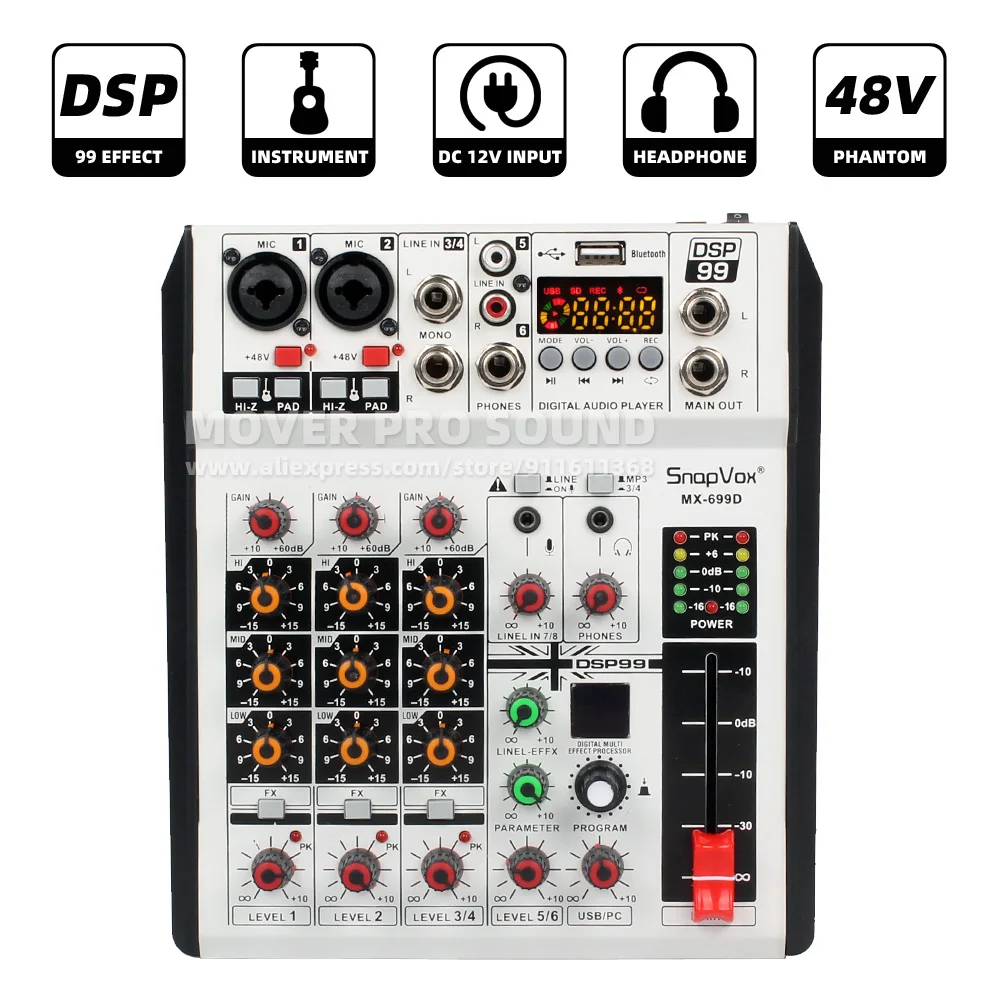 6 Channels 99 DSP EFFECT Portable Audio Mixer Sound Desk Guitar Bass Musical Intrument Mic Signal Line In Out Hub Mixing Console